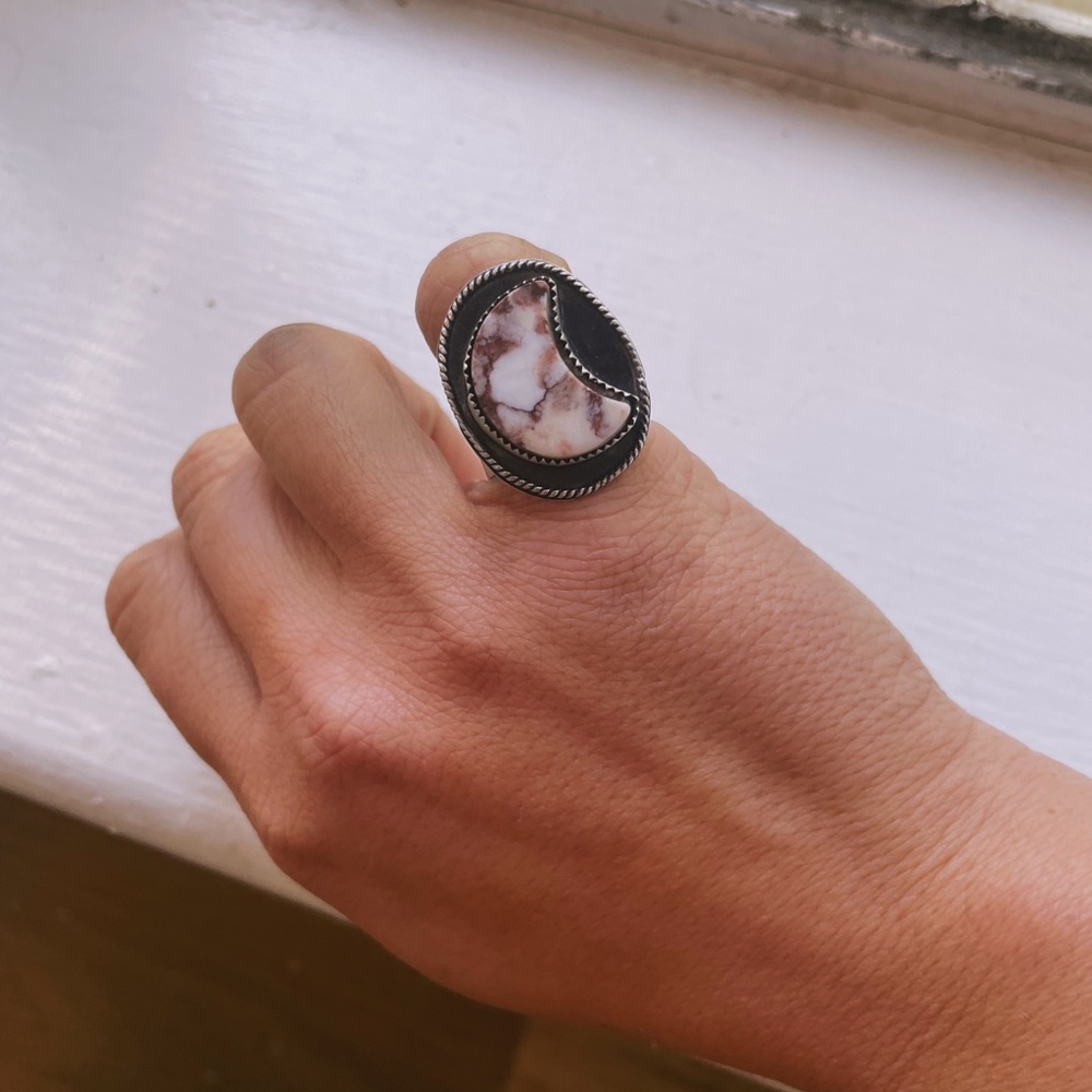 Moon Shaped Wild Horse Stone & 925 Silver Ring